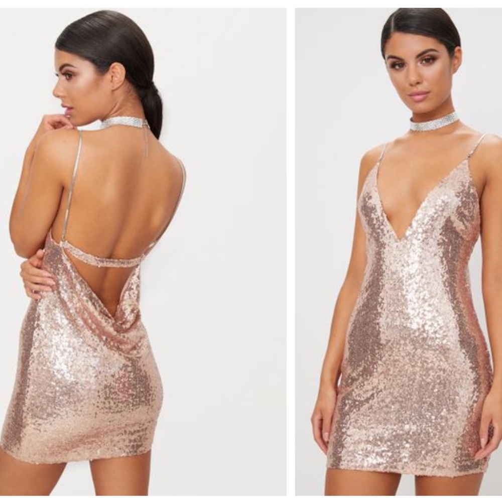 Rose Gold Plunge Sequins Mini Dress